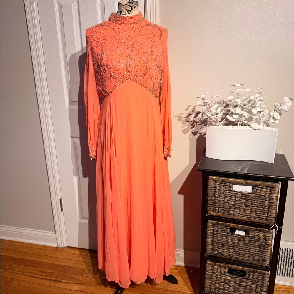 Vintage Silk Beads Embellish Coral vibrant long-sleeved formal Gown 60s evening